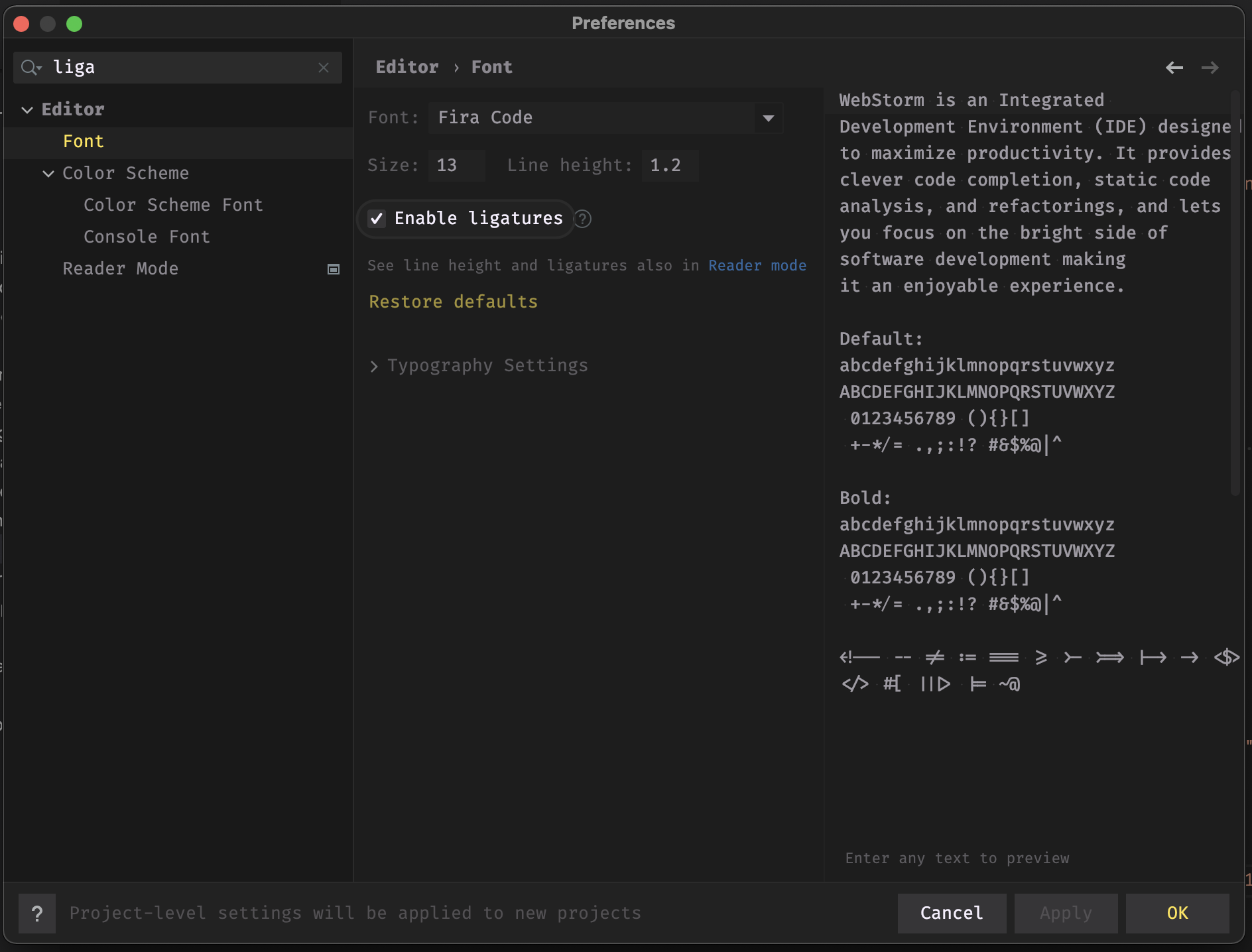 WebStorm ligatures settings